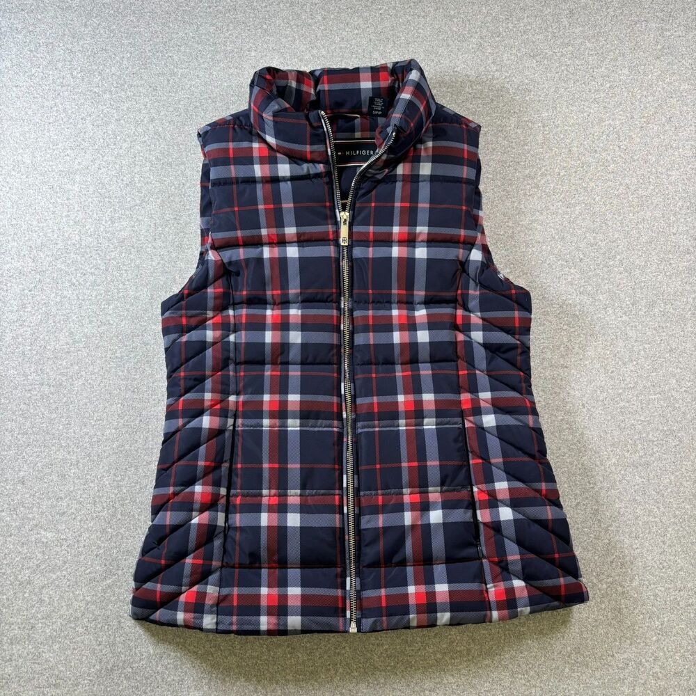 Tommy Hilfiger Classic Preppy Plaid Puffer Vest Navy Red Size Small